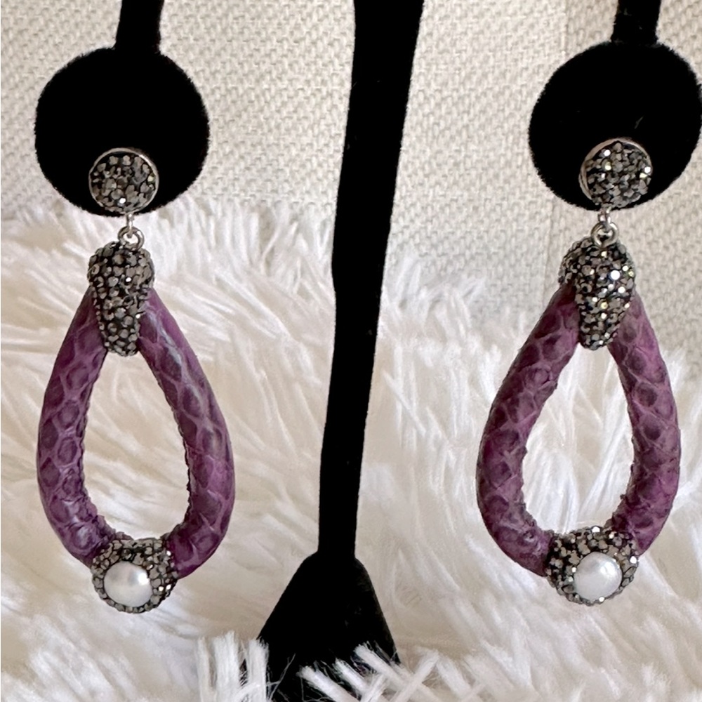 Purple Caviar Leather Earrings, NWT